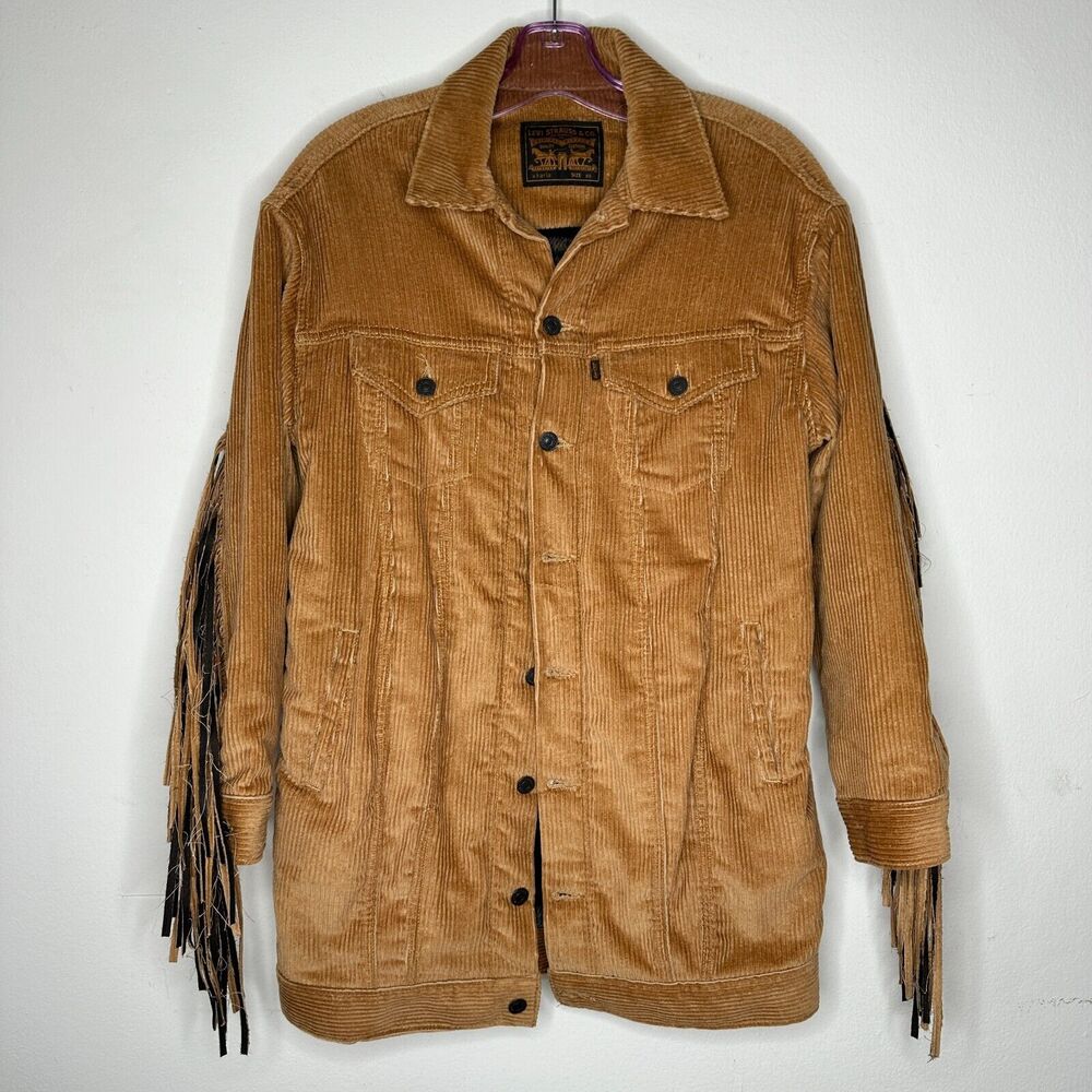 NWT Levis Karla Camel Tan Fringed Corduroy Long Trucker Button-Front Jacket XS - Picture 4 of 16
